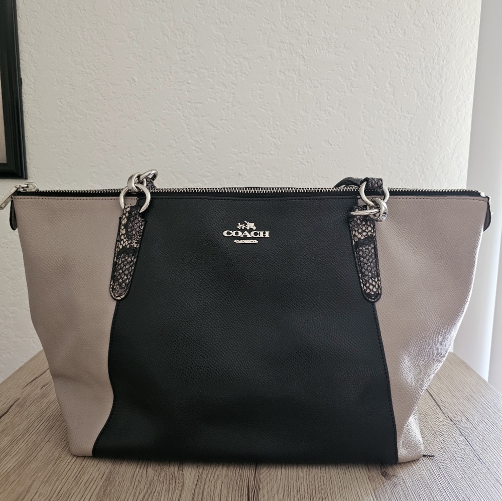 Coach AVA black and taupe snake‎ pattern leather tote shoulder bag